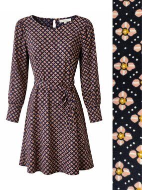 Loft Cherry Blossom Tie Waist Dress Navy and Blush Small Petite